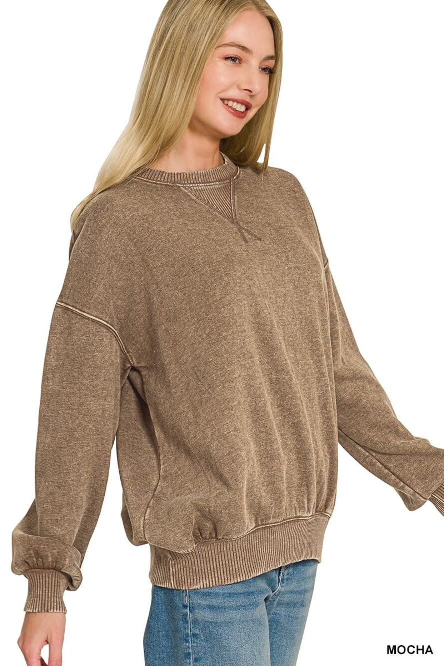 NEW Zenana Acid Wash Fleece Crewneck Sweatshirt 30409 MOCHA SMALL